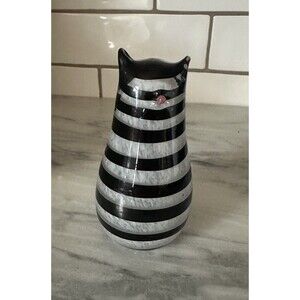 Vintage Murano Hand Blown Art Glass Cat Kitten White Black Stripes Pink Nose